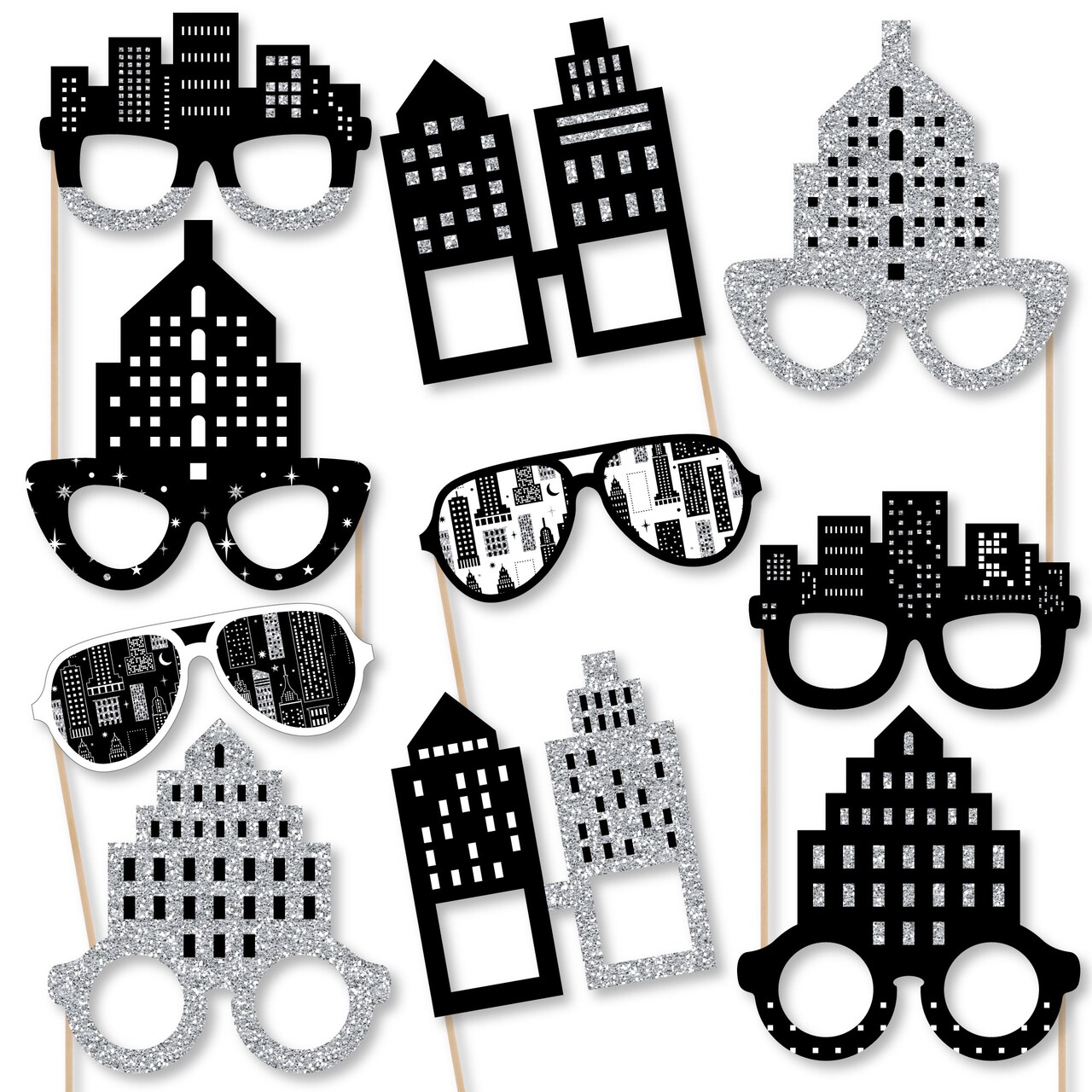 Big Dot of Happiness Nighttime City Skyline Glasses - Paper Card Stock New York Party Photo Booth Props Kit - 10 Count